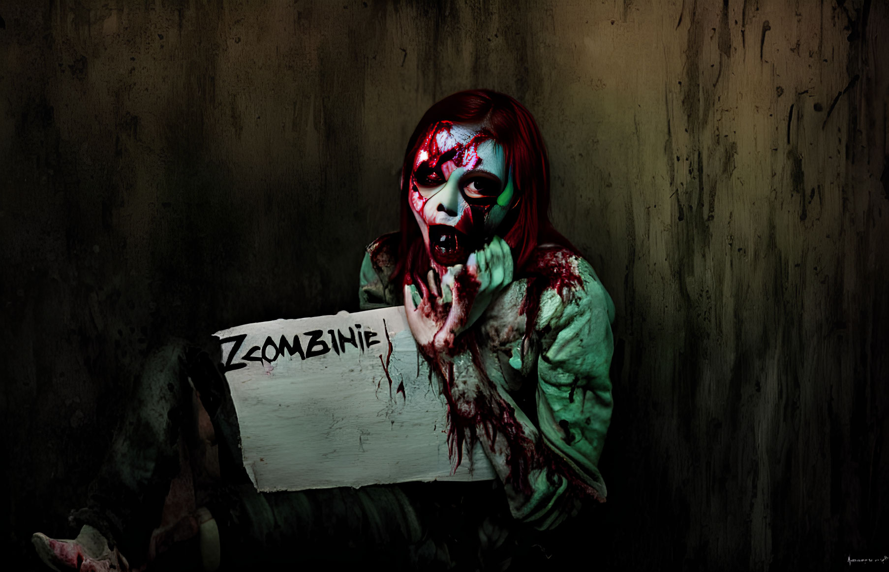 Person in zombie makeup holding "ZOMBIE" sign in dark setting