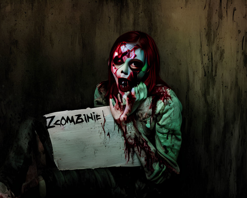 Person in zombie makeup holding "ZOMBIE" sign in dark setting