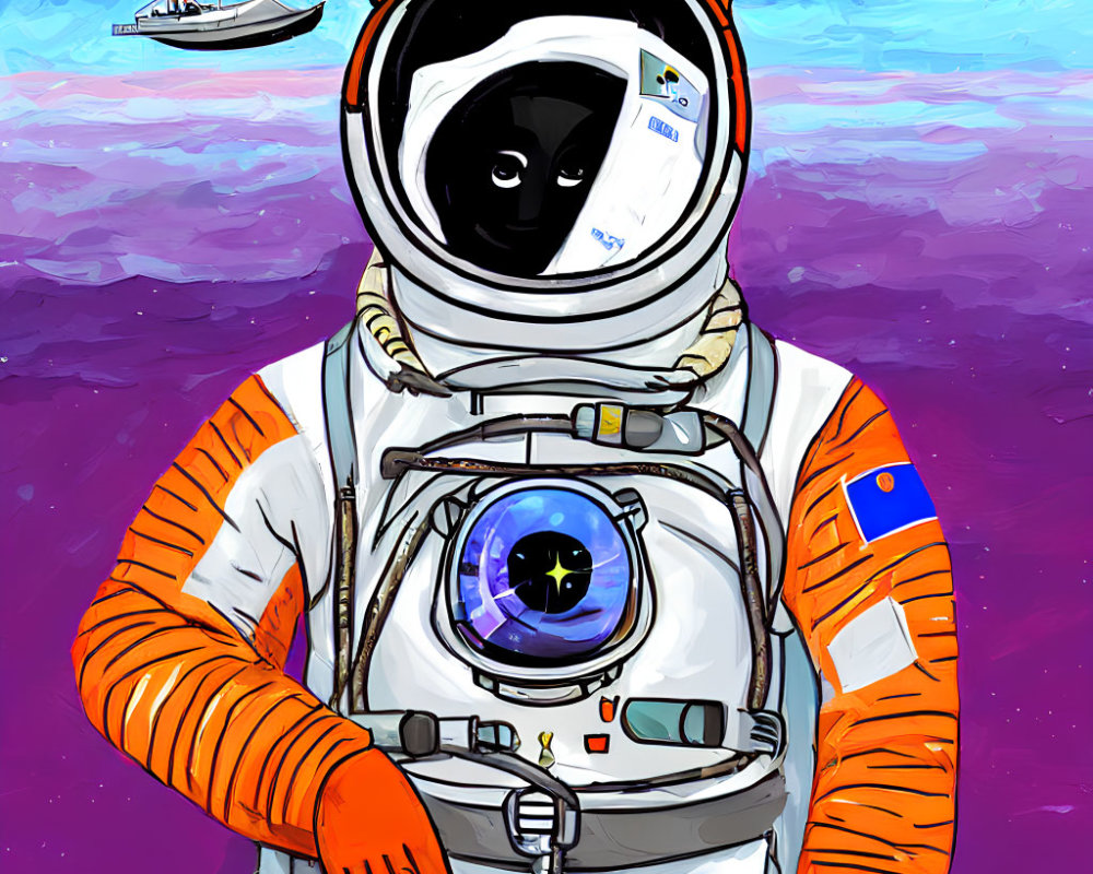 Illustrated astronaut with camera face in purple sky with distant ship