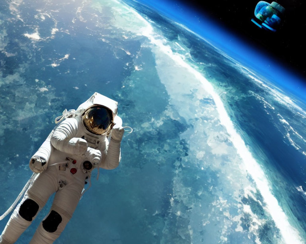 Astronaut floating in space with Earth's horizon and satellite.