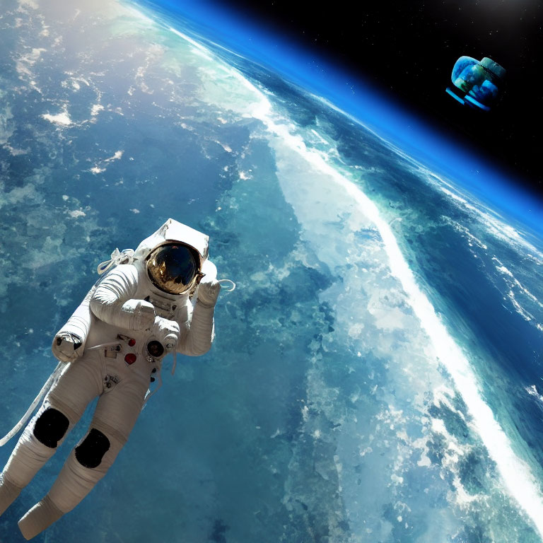 Astronaut floating in space with Earth's horizon and satellite.