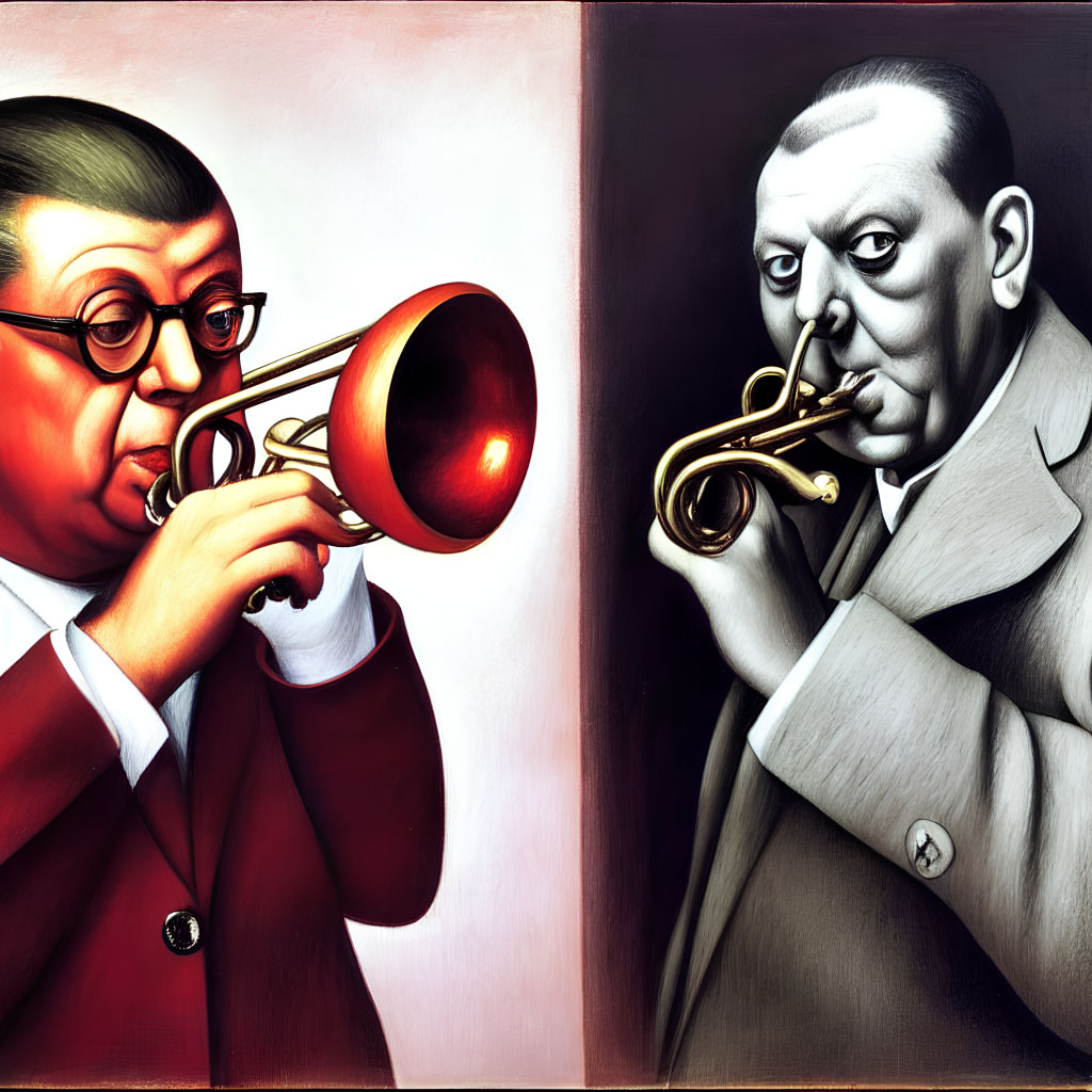 Caricatured men playing trumpet and observing, with exaggerated features on red and grey backdrop