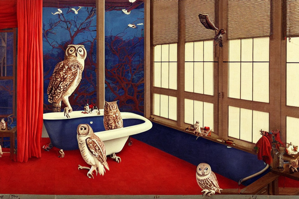 Surreal artwork featuring owls in vintage bathroom setting