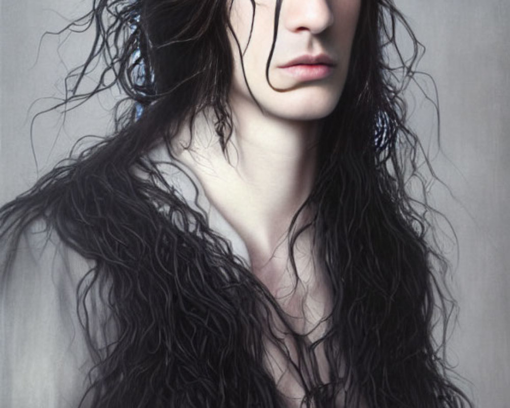 Long Wet Curly Black Hair and Piercing Gaze Portrait