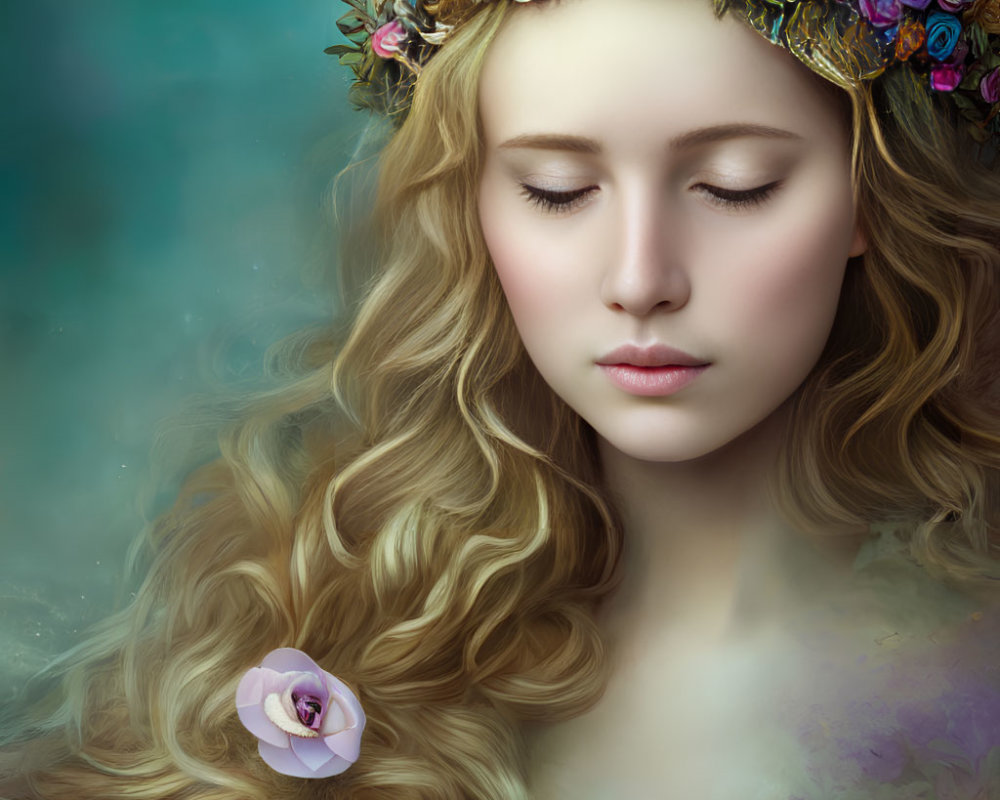 Woman with Golden Curls and Floral Crown in Peaceful Pose