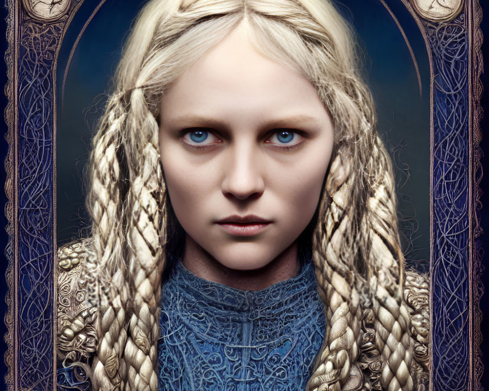 Portrait of Woman with Blue Eyes, Braided Hair, Blue Top, and Gold Armor on Blue Background