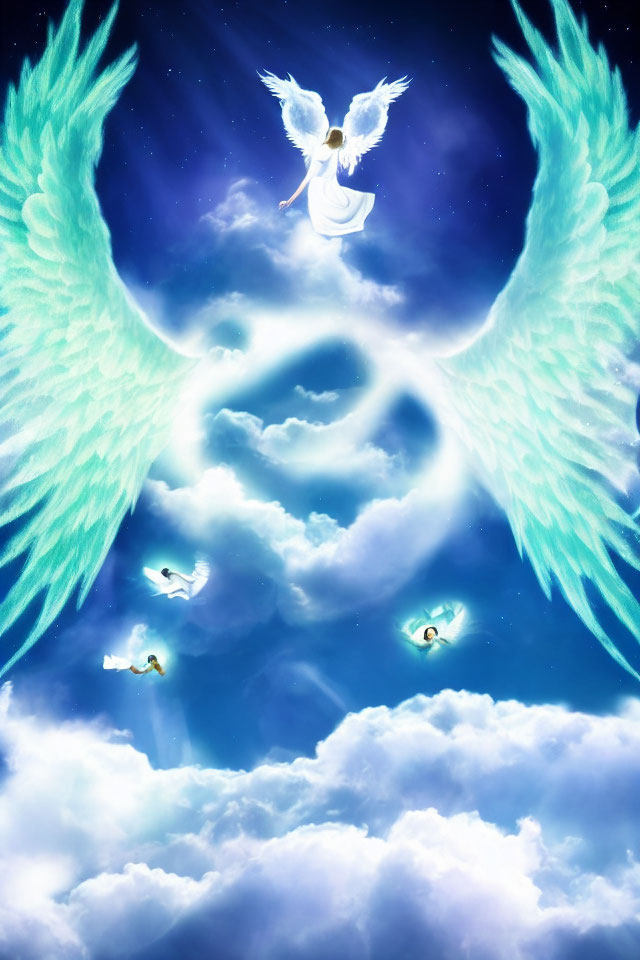 Angel with Turquoise Wings Soaring in Heavenly Sky