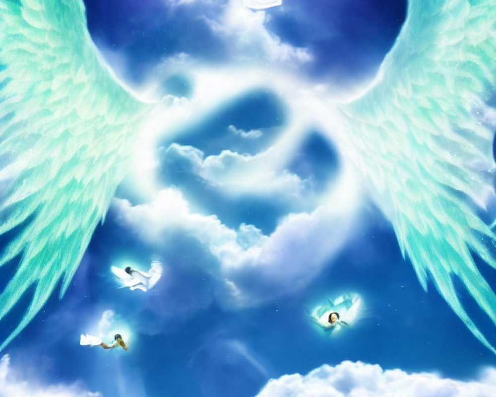 Angel with Turquoise Wings Soaring in Heavenly Sky