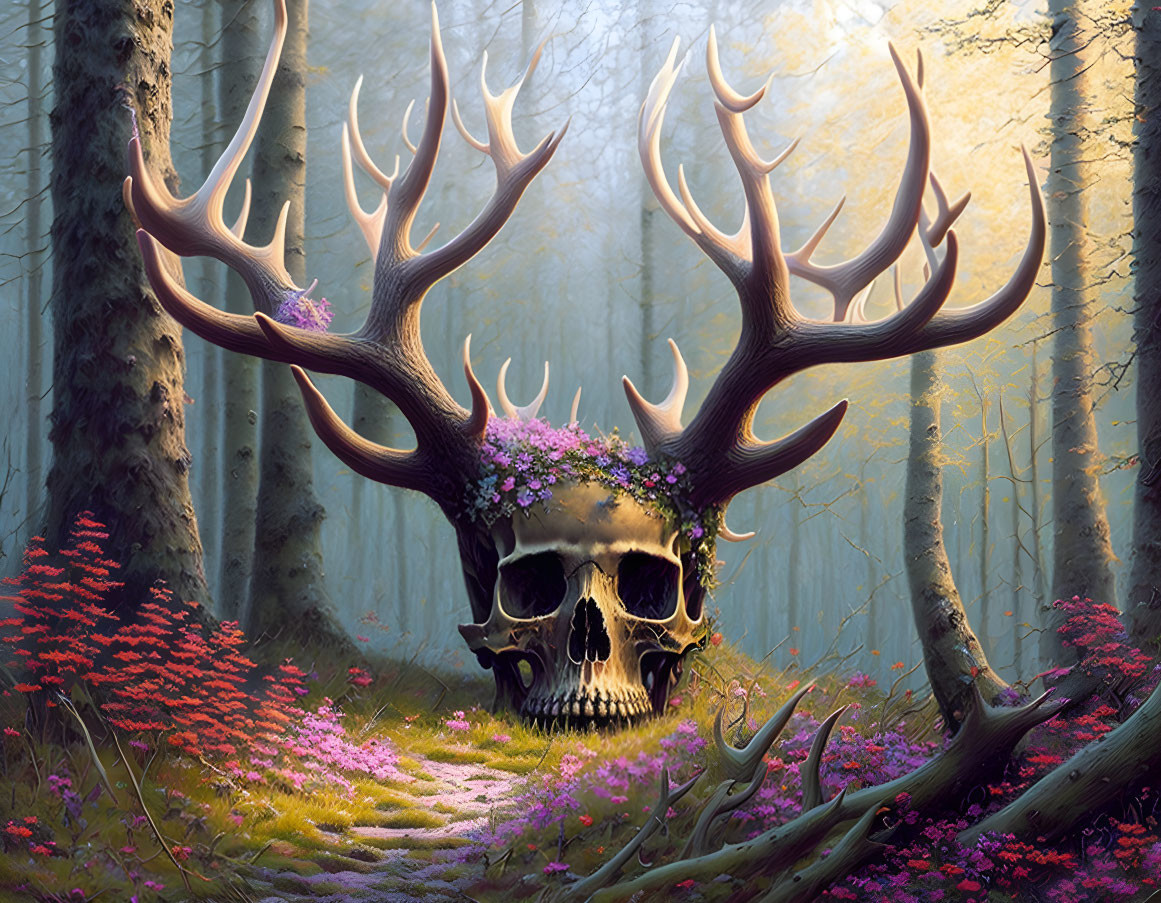 Large Skull with Antlers and Flowers in Mystical Forest with Sunlit Path