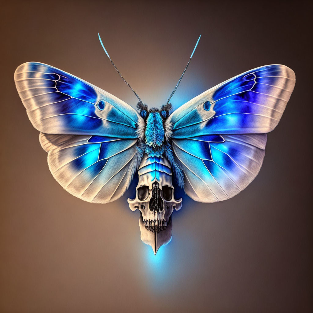 Skull with Butterfly Wings on Brown Background: Surreal Artwork Combining Life and Mortality