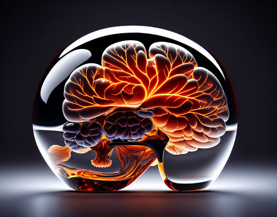 Intricate Glass Brain Sculpture with Orange and Black Patterns