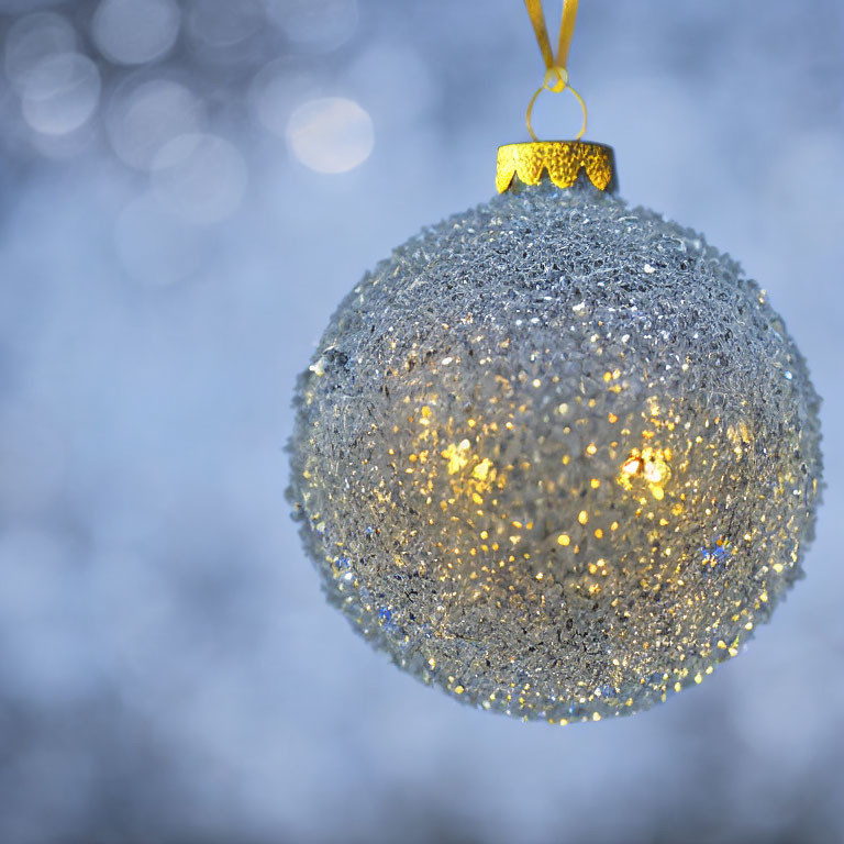 Shimmering silver Christmas bauble against blue and white bokeh lights