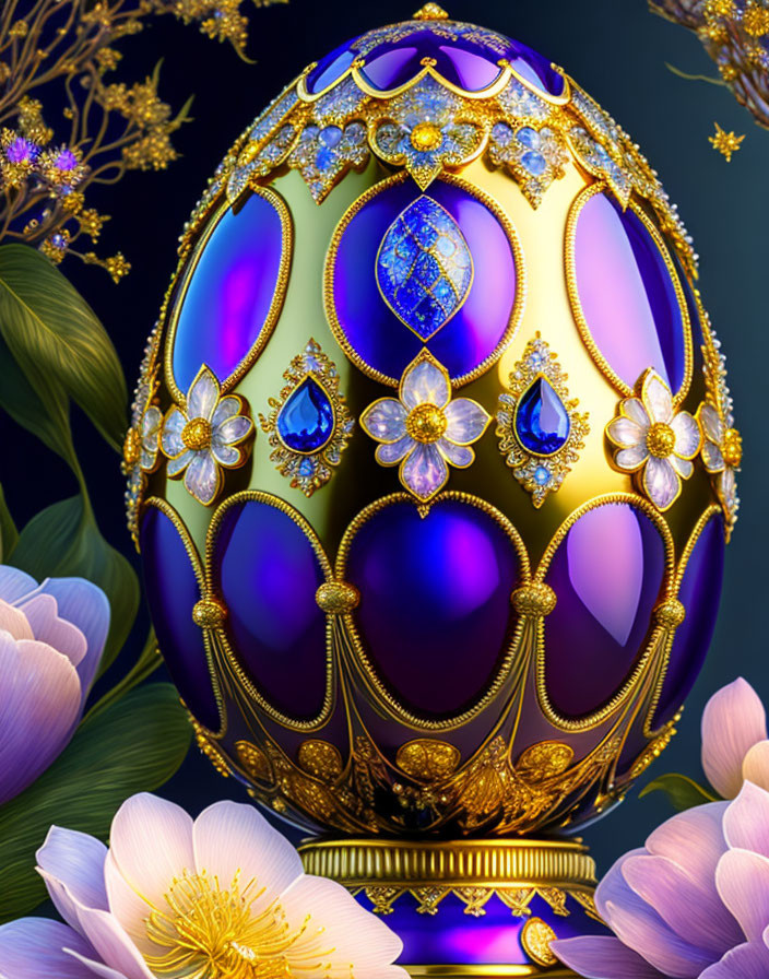 Luxurious decorative egg with gold filigree, gems, and pastel flowers on dark background