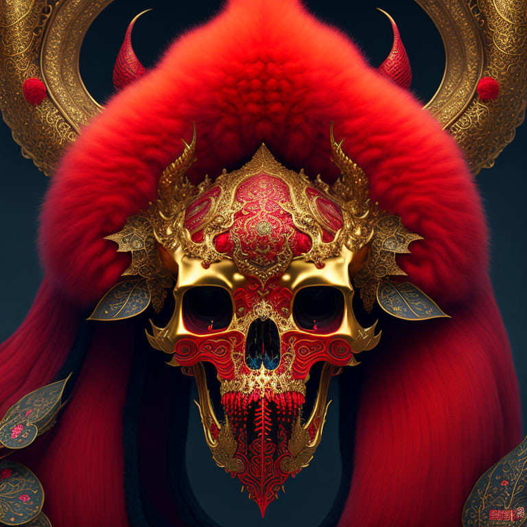 Golden Skull with Red Patterns and Horns in Luxurious Red Fur Frame