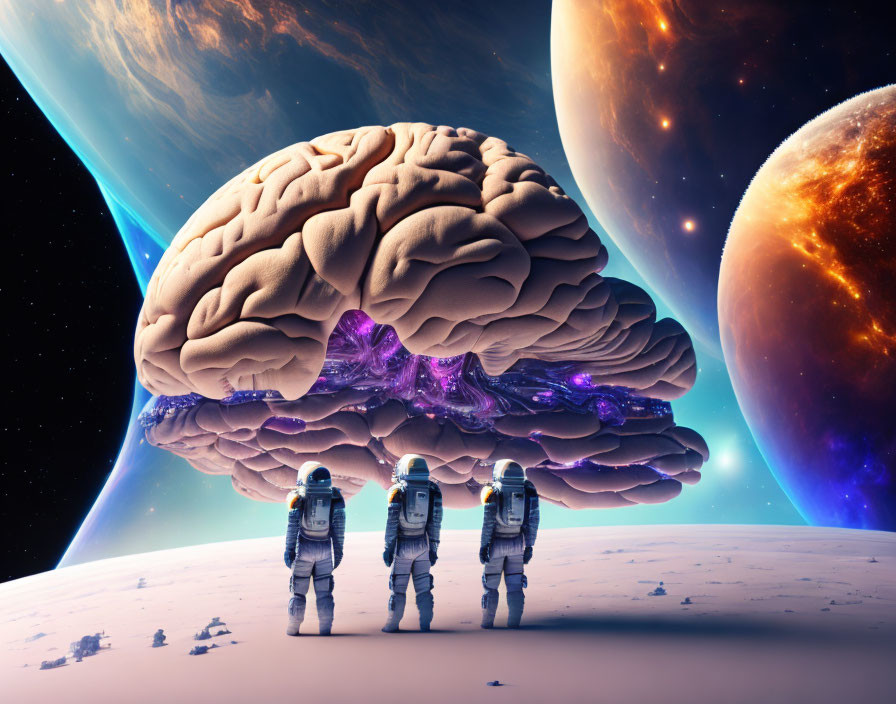 Astronauts observing giant floating brain in cosmic landscape