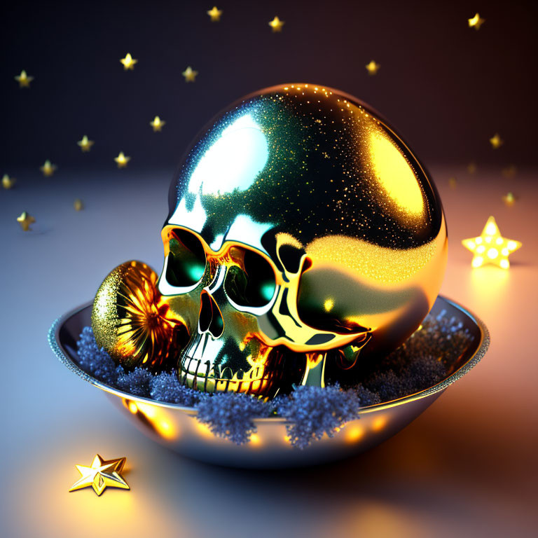 Golden Skull and Sphere with Blue Fluff and Stars on Dark Background