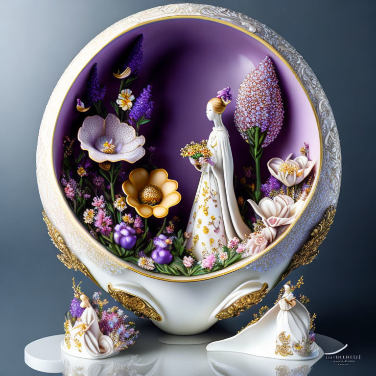 Intricate porcelain egg with woman, flowers, and golden accents.