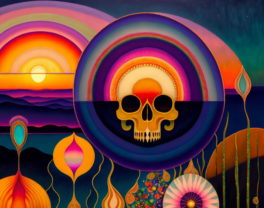 Colorful skull painting in circular rainbow hues with surreal landscape and floral patterns.