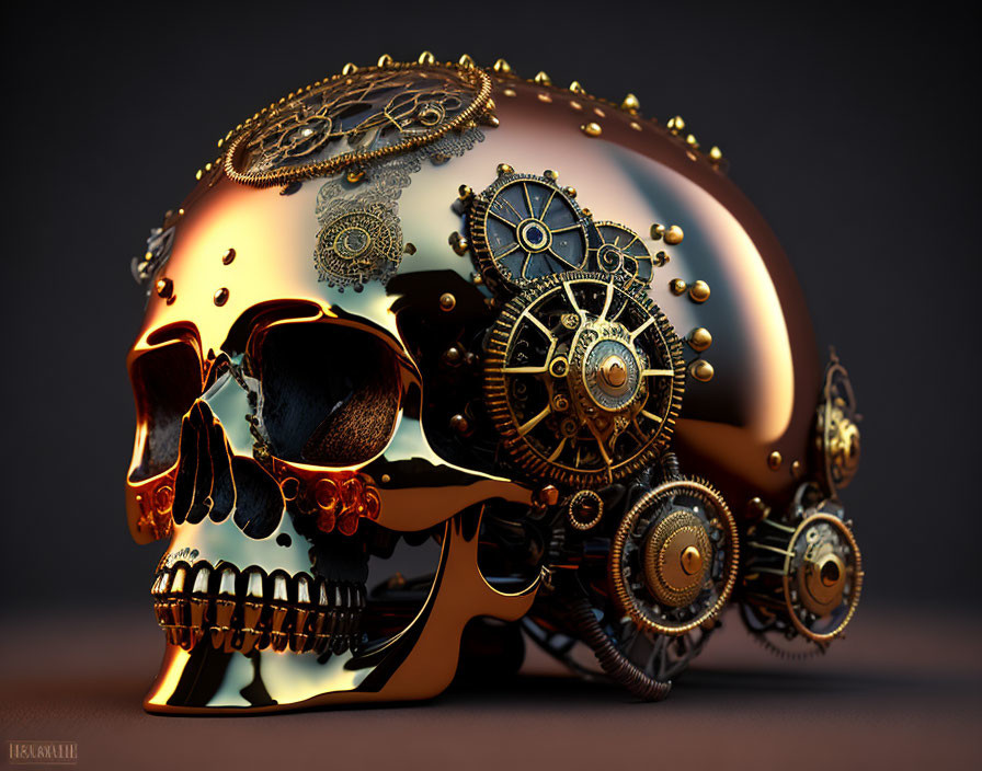 Steampunk-style skull with brass and bronze tones and intricate gears.