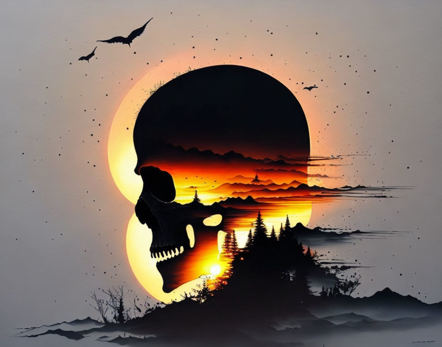 Skull silhouette against sunset with mountain reflections and bird in flight