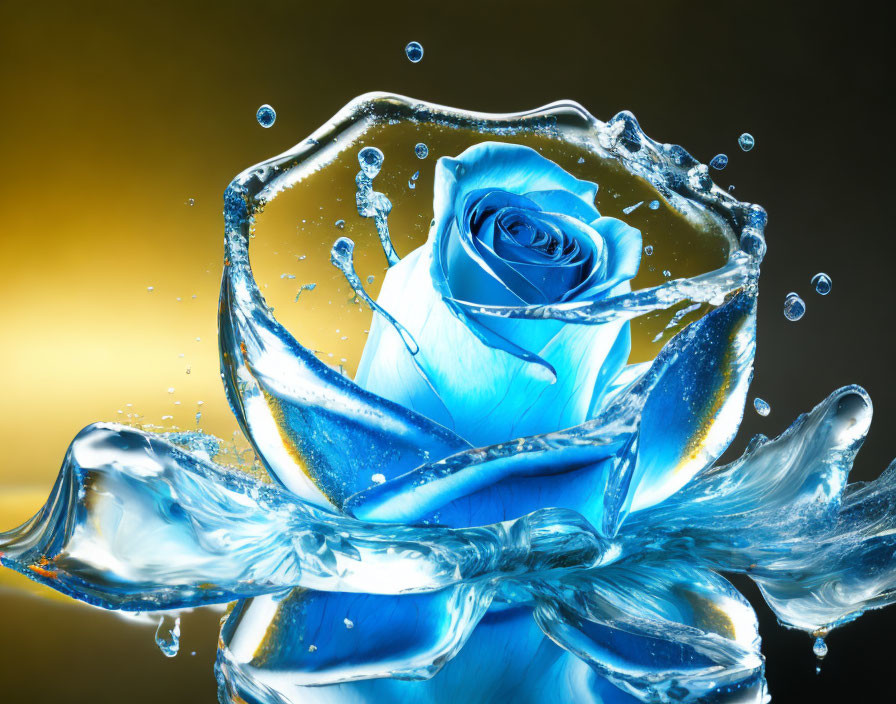 Blue rose with water droplets on golden gradient background