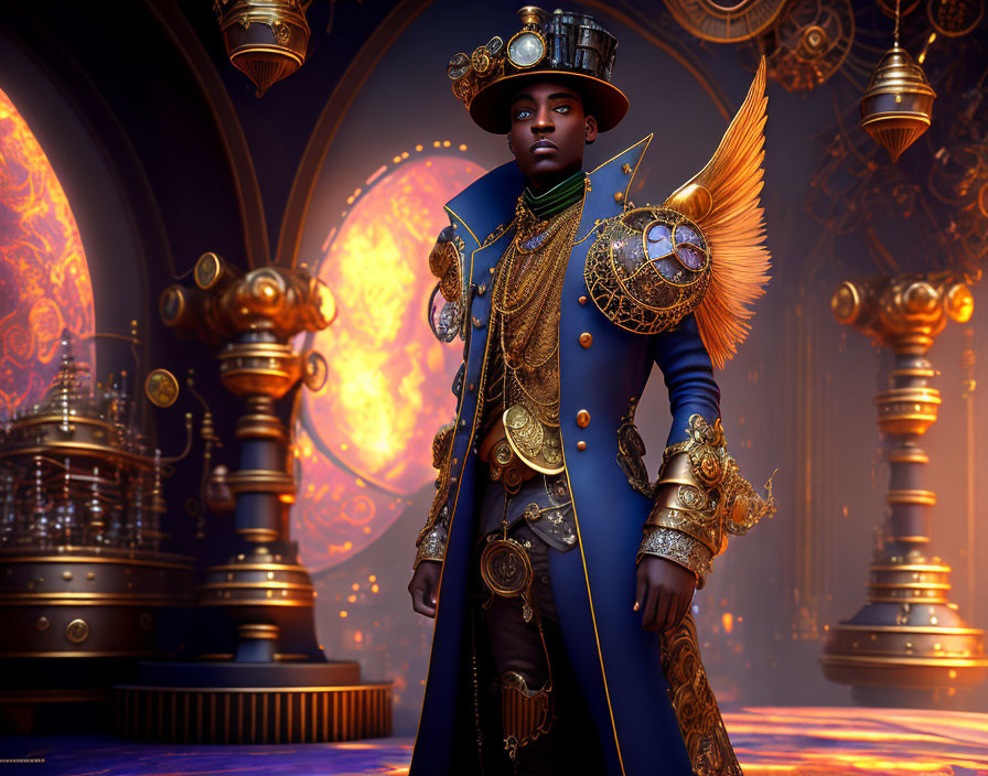 Regal figure in gold-trimmed blue military uniform in opulent hall