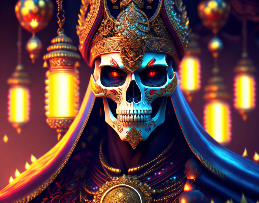 Decorated Skull with Blue Glowing Eyes in Regal Attire and Crown, Surrounded by Lantern