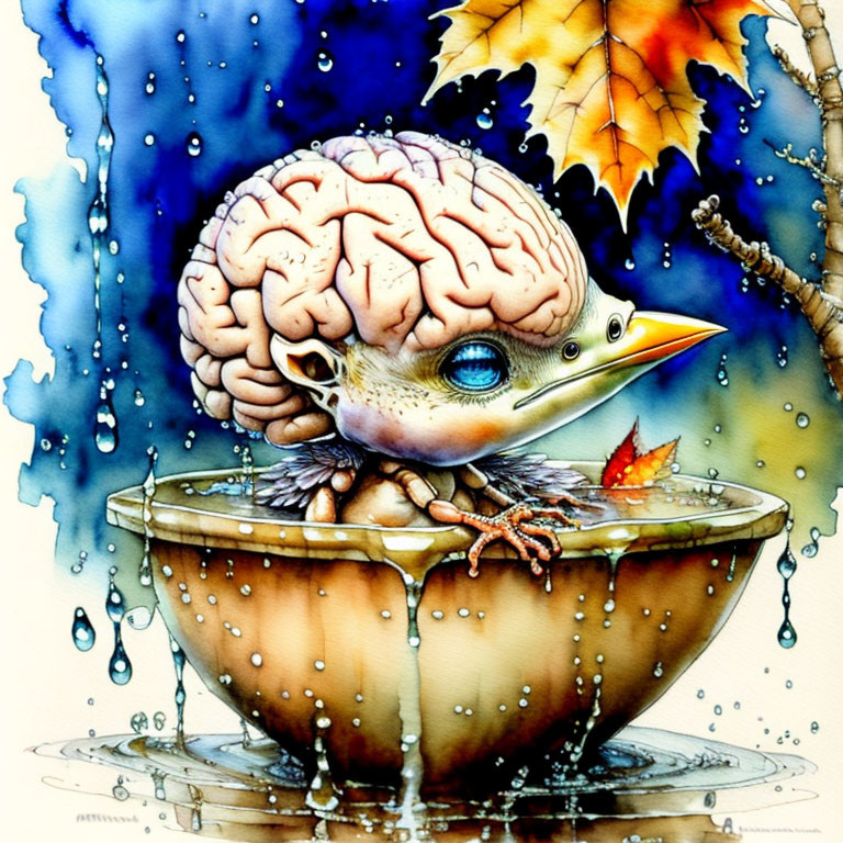 Surreal bird with human brain head on thimble, water droplets, autumn leaves