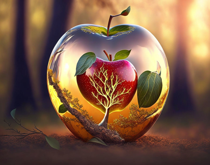 Transparent apple-shaped enclosure with red apple, tree, foliage, and forest backdrop.