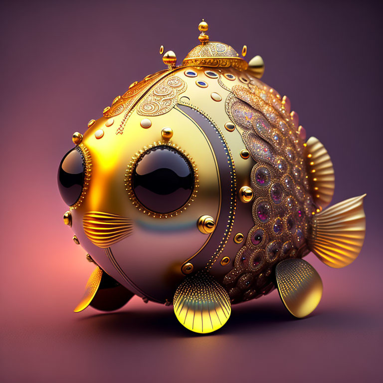 Ornate gold-accented fish with expressive eyes on purple background