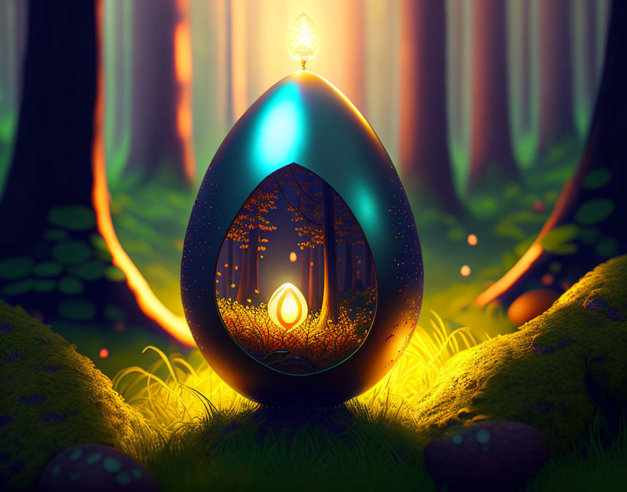 Mystical egg-shaped object with luminous core in forest glade