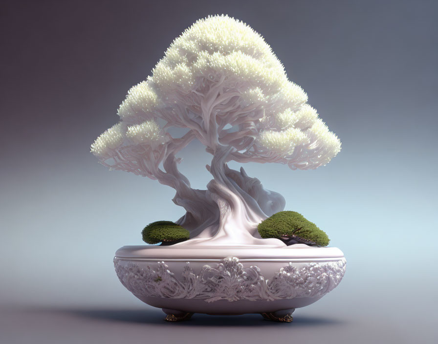 Stylized 3D-rendered bonsai tree in decorative pot on gradient background