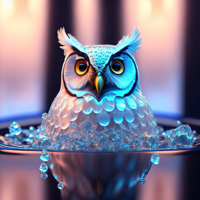 Stylized digital artwork: Owl emerging from water with bubbles on orange and blue background