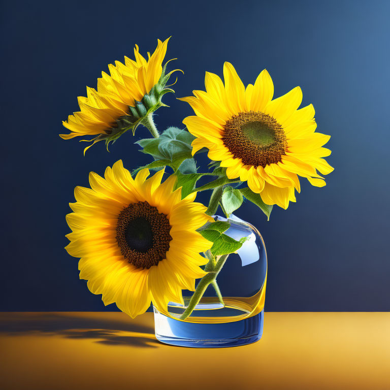 Vibrant sunflowers in clear vase on blue background with yellow surface