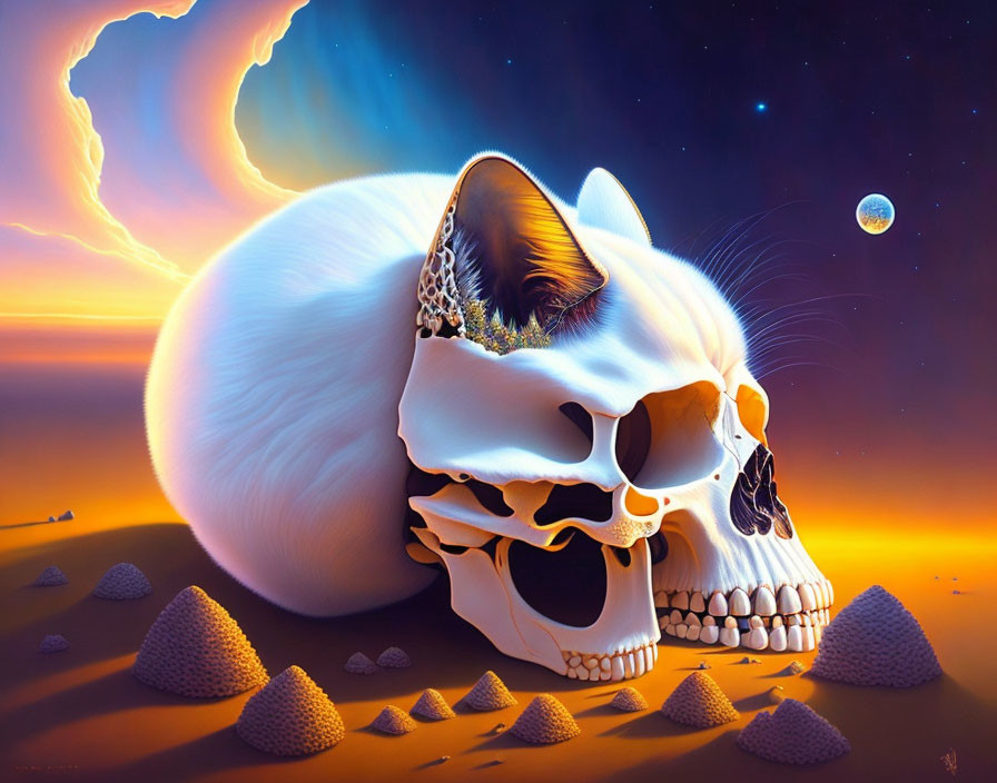 Surreal white cat in human skull on desert twilight landscape