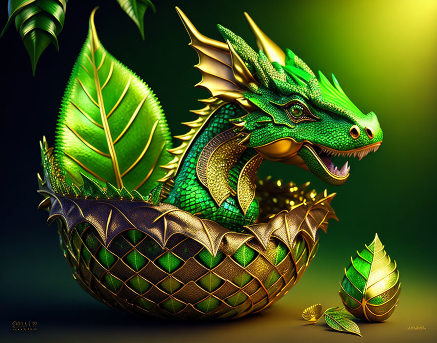 Vibrant digital artwork: Green dragon with golden underbelly, horns, coiled in nest