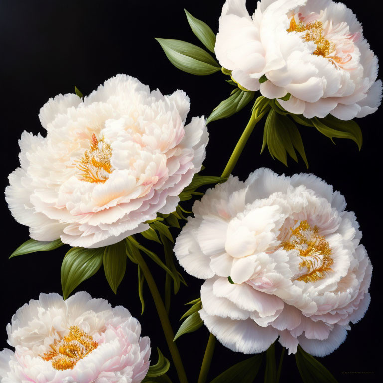 Close-up of Five White Peonies with Pink Edges and Yellow Centers on Dark Background