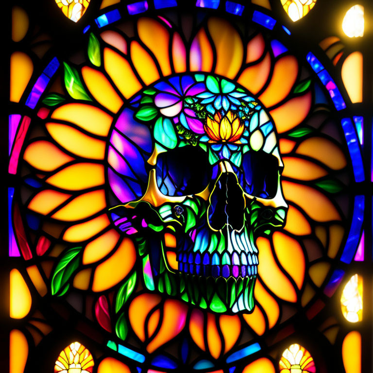 Colorful Skull Stained Glass Window with Flowers and Patterns