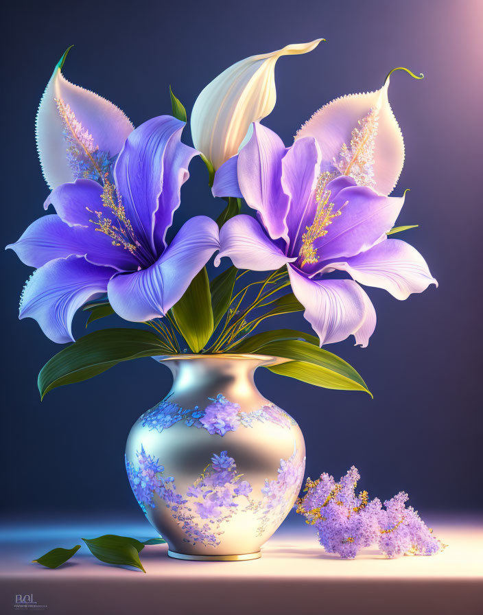 Realistic lavender flowers in decorative vase with subtle lighting