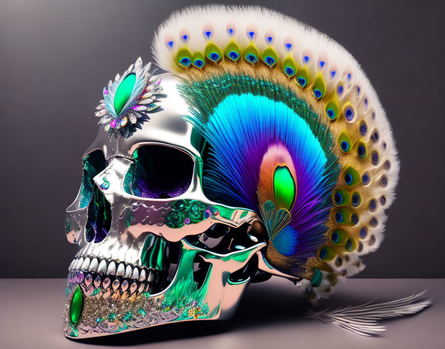 Silver Skull Decorated with Gemstones and Feathers on Gradient Background