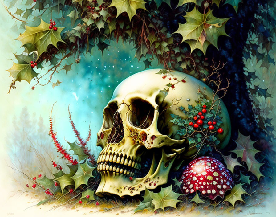 Skull with foliage, berries, and red-spotted mushroom in vibrant surreal scene