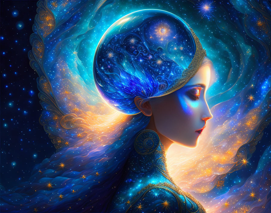 Woman with Galaxy-Filled Headdress in Cosmic Profile