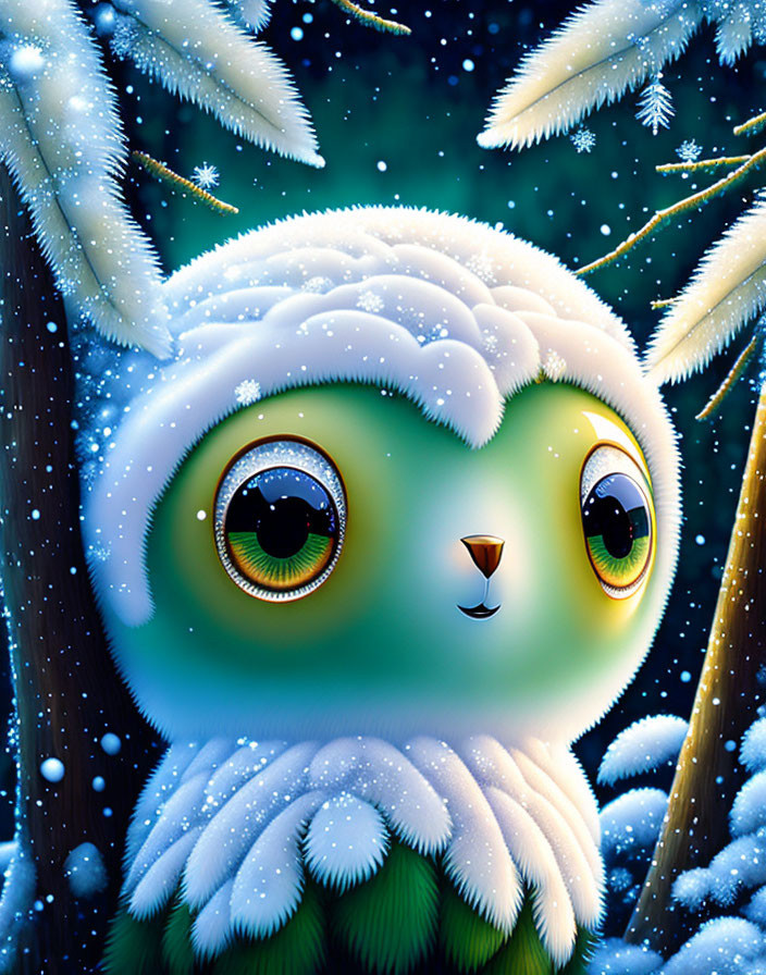 Wide-eyed owl perched on snow-covered branches under night sky