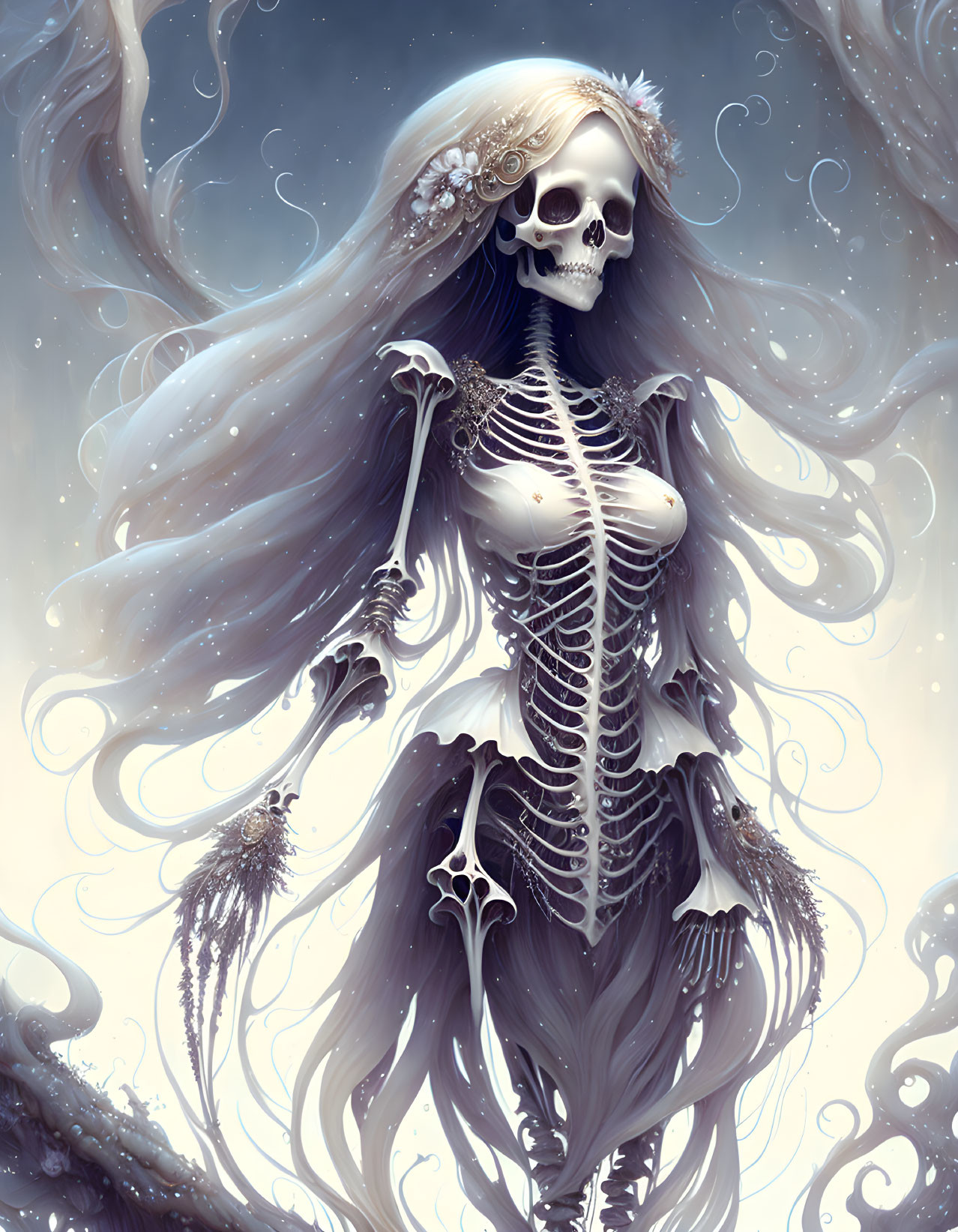 Skeletal figure with flowing hair and flowers in misty setting