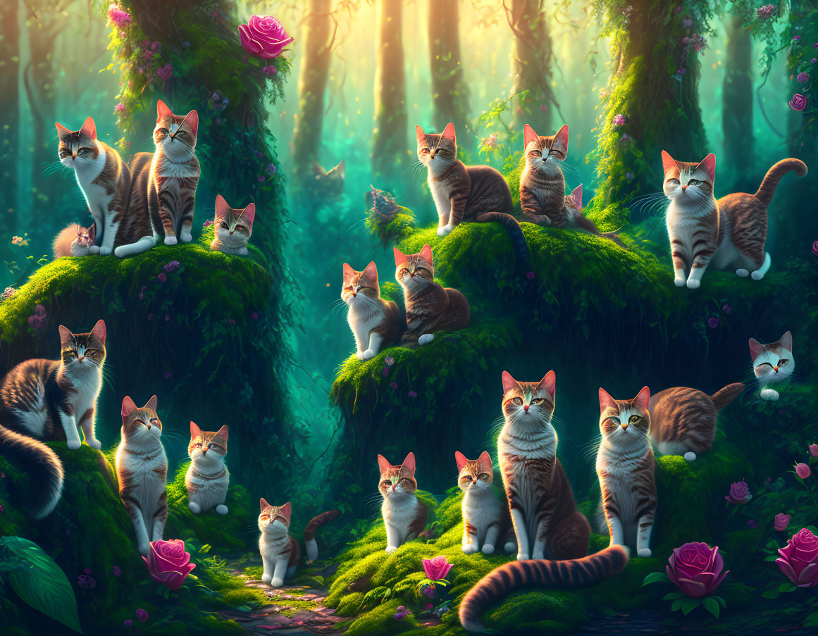 Illustration of identical cats on mossy logs in sunlit forest