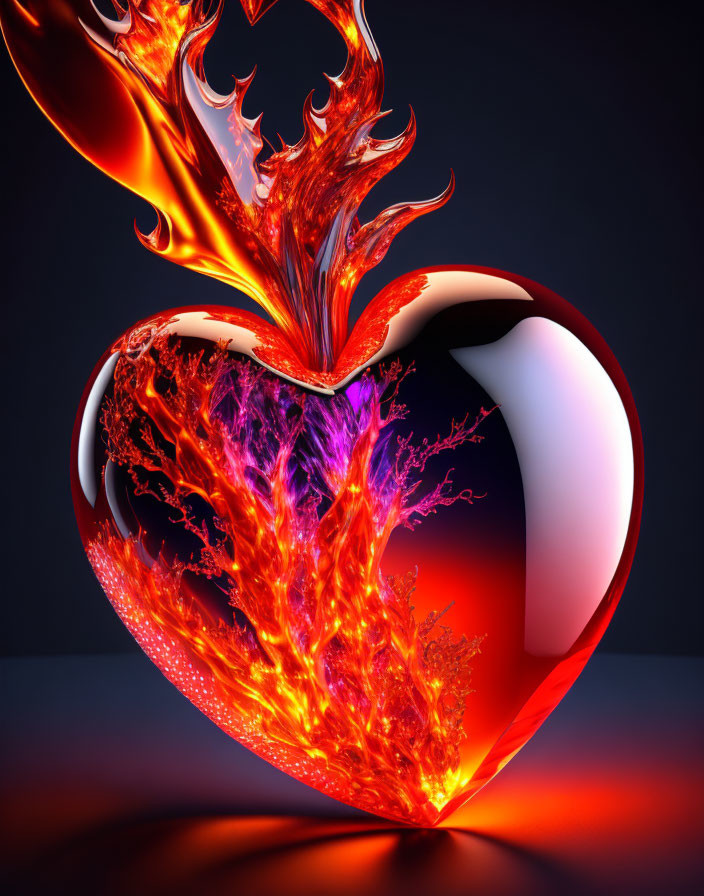 Vibrant 3D Heart with Orange and Purple Flames on Dark Blue Background