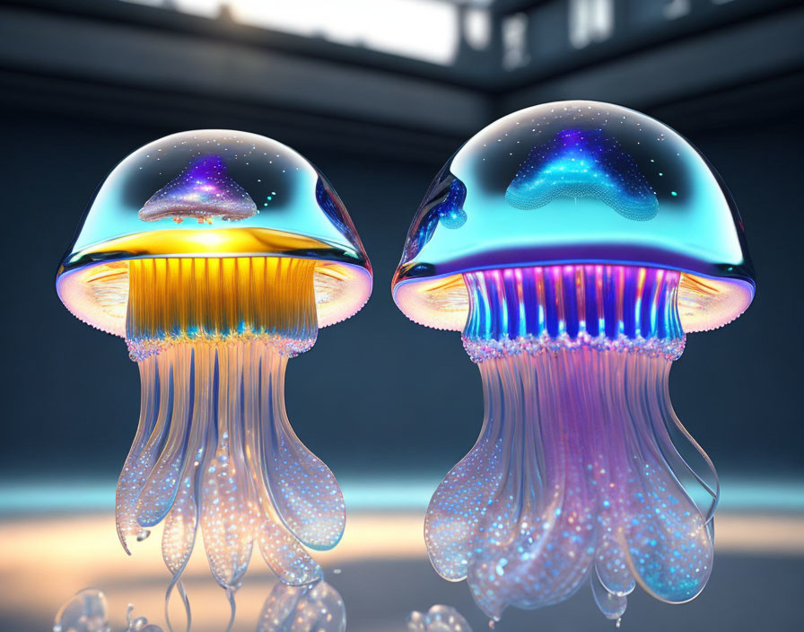 Iridescent digital-art jellyfish with cosmic patterns on reflective surface