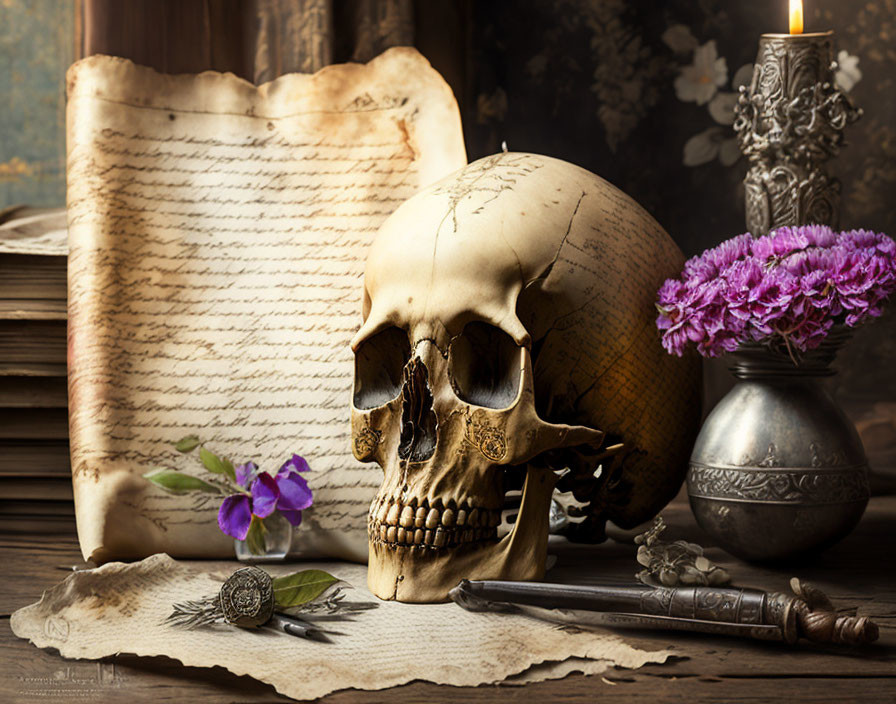 Human skull, scroll, quill pen, inkpot, books, candle, and flowers on table