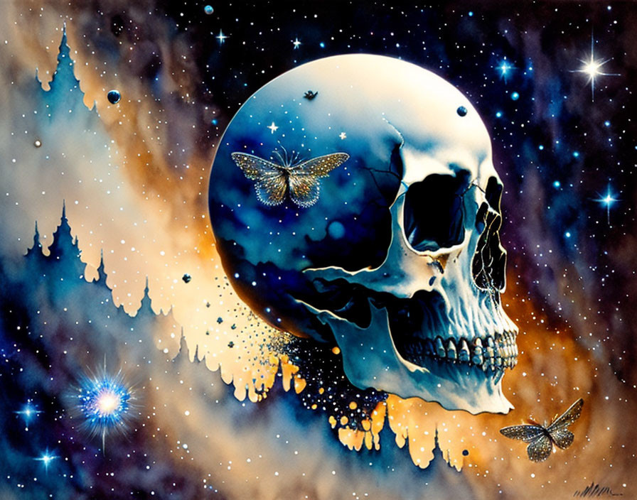 Surreal human skull with cosmic backdrop and butterflies