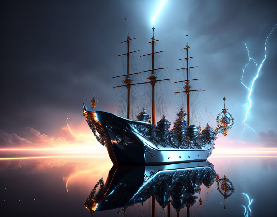 Elaborately decorated sailing ship on glassy surface under dramatic sky